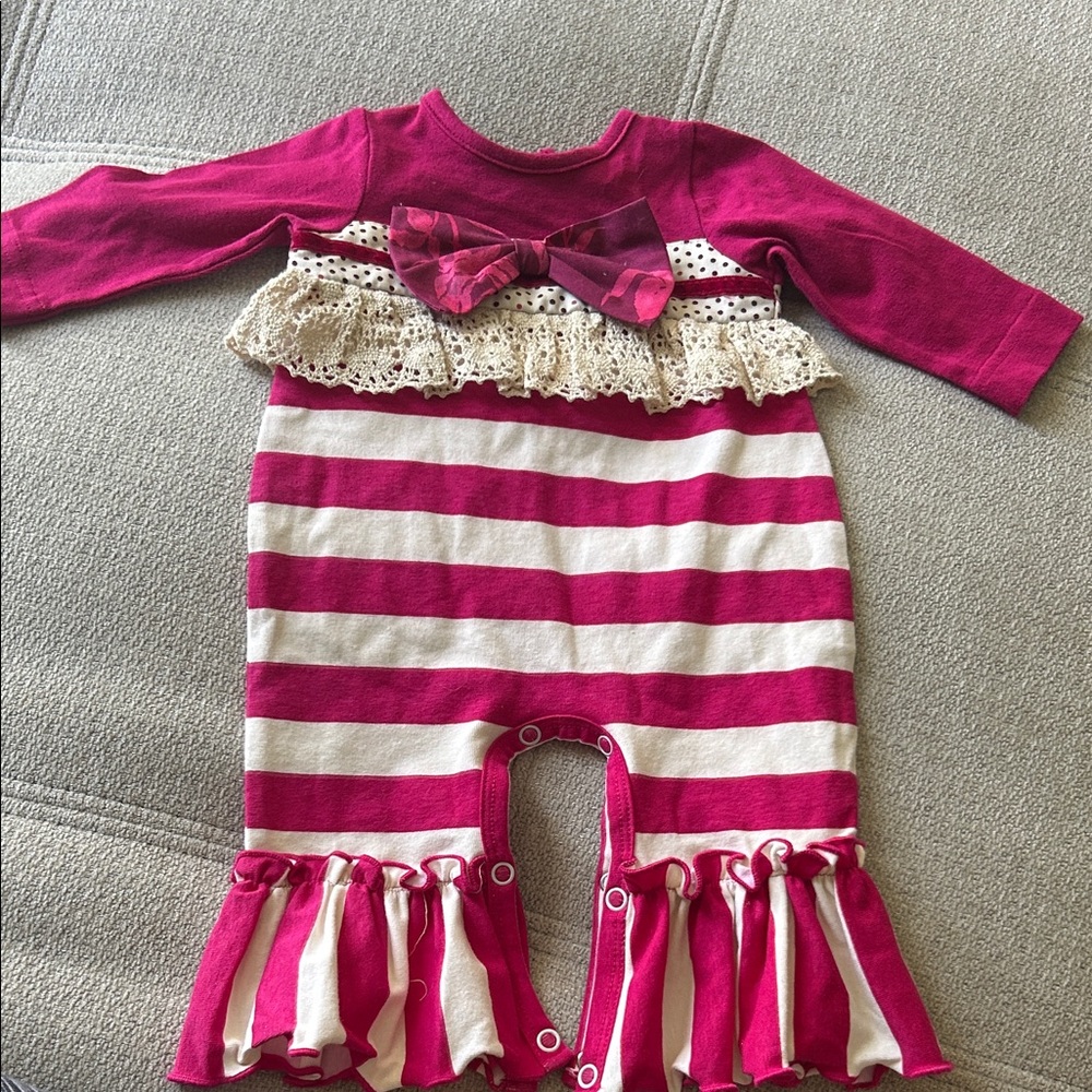 Girls Pink & Cream Striped Ruffle One-Piece Romper